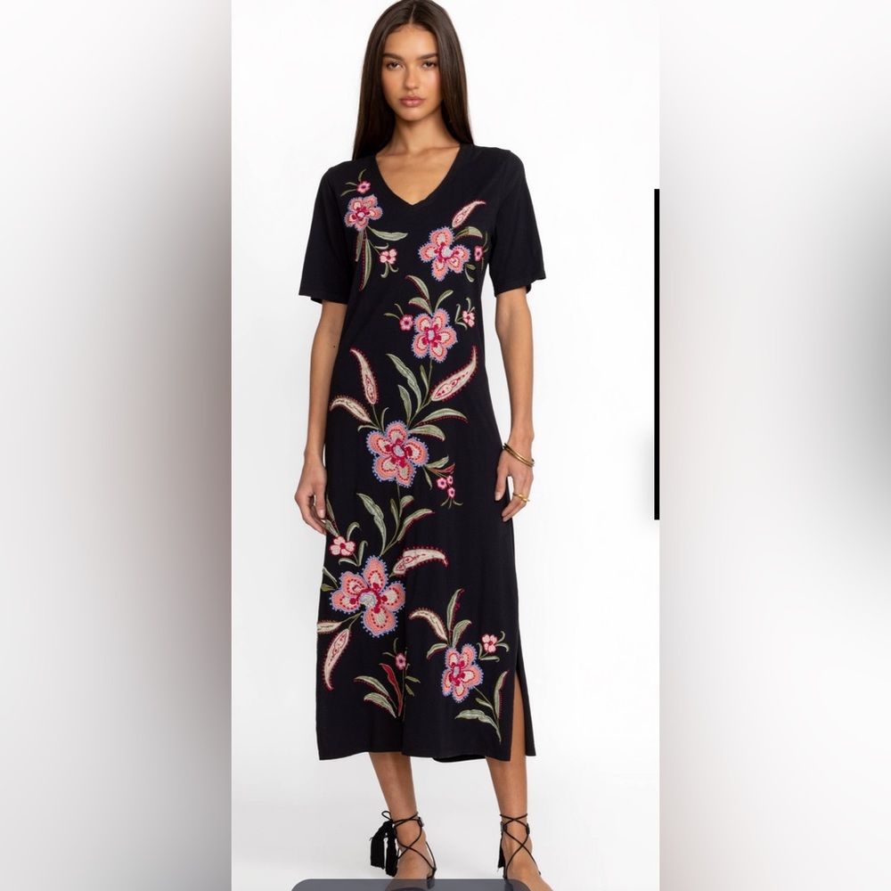 Johnny Was Black Maxi Dress with Pink Floral Embroidery
